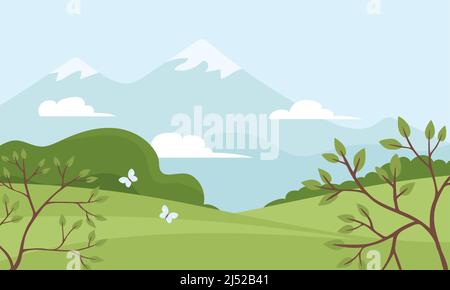 Paysage d'été de la nature. Panorama avec forêts vertes, champs, montagne et ciel bleu avec nuages. Papillons mouches. Paysage rural. Illustration du vecteur plat Illustration de Vecteur