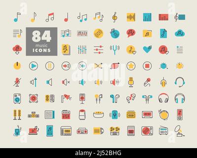 Jeu d'icônes de vecteur de musique. Symbole graphique pour la conception, le logo, l'application, l'interface utilisateur du site Web et des applications audio et musicales Illustration de Vecteur