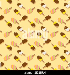 Motif coloré avec différentes crèmes glacées à base de popsicles délicieuses dessinées dans un style plat Illustration de Vecteur