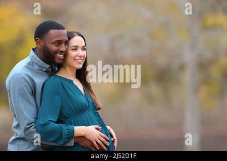 Couple interracial heureux avec femme enceinte regardant loin dans un parc Banque D'Images