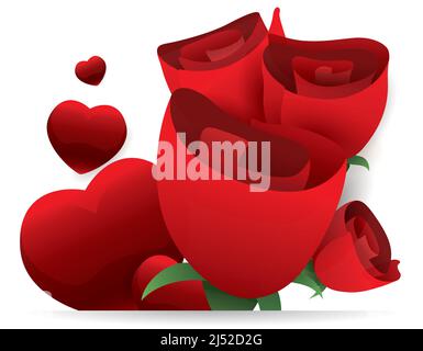 Beau bouquet de roses rouges et coeurs brillants flottants. Conception avec effet dégradé sur fond blanc. Illustration de Vecteur