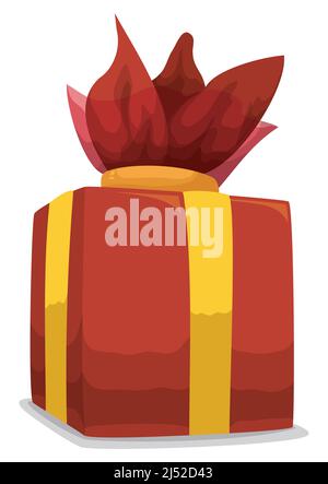 Boîte cadeau enveloppée d'une enveloppe rouge et d'une couronne en papier, également décorée de rubans jaunes sur fond blanc. Illustration de Vecteur