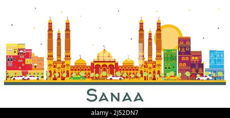 Sanaa Yemen City Skyline avec des bâtiments de couleur isolés sur blanc. Illustration vectorielle. Concept de voyage d'affaires et de tourisme avec architecture historique. Illustration de Vecteur