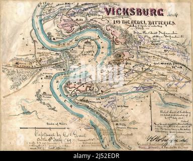 Carte couleur 1863 des batteries confédérées à Vicksburg, Mississippi, pendant la guerre de Sécession. Aquarelle et stylo-encre par Robert KNOX Sneden. Banque D'Images