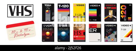 Collection Pack de couvertures VHS Vintage pour cassettes vierges. Technologie rétro des années 80 et 90. Modèles et mises en page pour les projets graphiques de l'ancienne école Illustration de Vecteur