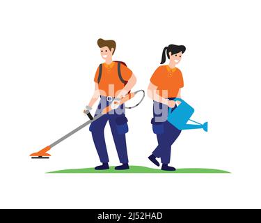 Souriant et heureux Home nettoyeurs ou Housekeepers passer l'aspirateur de plancher et d'arrosage plantes Vector Illustration de Vecteur