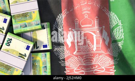 Les paquets de billets en euros sont sur le drapeau de l'Afghanistan Banque D'Images