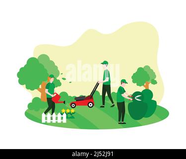 Jardiniers travaillant ensemble arrosage des fleurs coupant des feuilles et fauchant la pelouse Illustration Vector Illustration de Vecteur