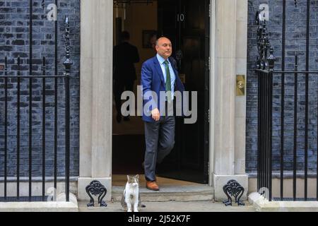 Londres, Royaume-Uni. 19th avril 2022. Andrew Griffith, directeur de l'unité des politiques no 10, quitte la rue Downing no 10 après la réunion du Cabinet, avec Larry le gardien de chat à la porte. Credit: Imagetraceur/Alamy Live News Banque D'Images