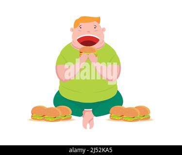 FAT Man assis et mangeant beaucoup de Burgers Illustration Vector Illustration de Vecteur
