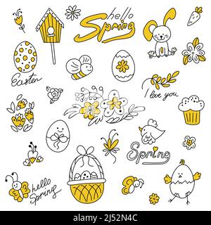 Collection d'icônes de printemps. Jolis dessins pour les enfants pour Pâques. Ensemble d'illustrations simples avec fleurs, papillons, oiseaux et abeilles. Panier de fête, œufs et gâteau maison. Lapin de Pâques. Illustration de Vecteur