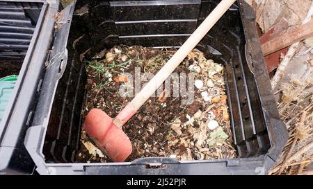 Pelle de jardin sur le compost. Terre fraîchement compostée du bac de compost. Légumes riches en nutriments convertis en terre. Banque D'Images