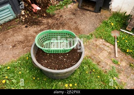 Pelle de jardin sur le compost. Terre fraîchement compostée du bac de compost. Légumes riches en nutriments convertis en terre. Banque D'Images