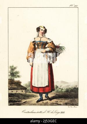 Costume d'un paysan français, 17th siècle. En casquette et voile, corsage lacé, manches pleines, col large, jupes et tablier, avec panier de fleurs. Paysanne sous le Regne de Louis XIII Lithographie de couleur main par Lorenzo Bianchi et Domenico Cuciniello d'après Hippolyte Lecomte de Costuci civili e militari della monarchia francese dal 1200 al 1820, Naples, 1825. Édition italienne des costumes civils et militaires de Lecomte de la monarchie française de 1200 à 1820. Banque D'Images