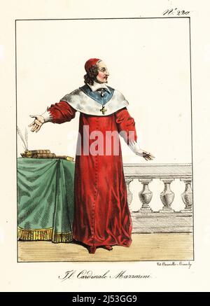 Le cardinal Jules Mazarin, 1602-1661, cardinal italien, diplomate et politicien qui a servi de ministre en chef aux rois de France. En casquette et robe rouge à cramoisi, avec livres et stylo à douille sur la table. Le Cardinal Mazarin. Lithographie de couleur main par Lorenzo Bianchi et Domenico Cuciniello d'après Hippolyte Lecomte de Costuci civili e militari della monarchia francese dal 1200 al 1820, Naples, 1825. Édition italienne des costumes civils et militaires de Lecomte de la monarchie française de 1200 à 1820. Banque D'Images