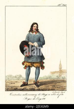 Paysan parisien en costume de festival, 17th siècle. En manteau, culottes, guêtres et chapeau à large bord, tous décorés de rubans rouges et verts. Paysan des environs de Paris, en habitude de Fete. Regne de Louis XIV Lithographie de couleur main par Lorenzo Bianchi et Domenico Cuciniello d'après Hippolyte Lecomte de Costuci civili e militari della monarchia francese dal 1200 al 1820, Naples, 1825. Édition italienne des costumes civils et militaires de Lecomte de la monarchie française de 1200 à 1820. Banque D'Images