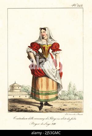 Paysan parisien en vêtements de fête, 17th siècle. En voile de dentelle, robe écarlate avec corsage doré, tucker de dentelle, tablier, jupons brodés, bootlets, avec panier. Paysanne des environs de Paris, en habitude de Fete. Regne de Louis XIV Lithographie de couleur main par Lorenzo Bianchi et Domenico Cuciniello d'après Hippolyte Lecomte de Costuci civili e militari della monarchia francese dal 1200 al 1820, Naples, 1825. Édition italienne des costumes civils et militaires de Lecomte de la monarchie française de 1200 à 1820. Banque D'Images