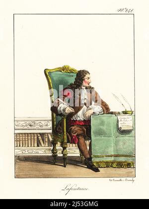 Jean de la Fontaine, 1621-1695, fabuliste, écrivain et poète français, assis à son bureau, portant une veste et une culotte marron, un stylo à douille dans sa main droite. Lafontaine. Lithographie de couleur main par Lorenzo Bianchi et Domenico Cuciniello d'après Hippolyte Lecomte de Costuci civili e militari della monarchia francese dal 1200 al 1820, Naples, 1825. Édition italienne des costumes civils et militaires de Lecomte de la monarchie française de 1200 à 1820. Banque D'Images