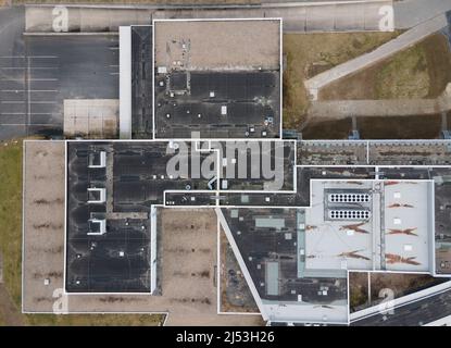 Ebersbach, Allemagne. 15th mars 2022. Les locaux de l'entreprise pharmaceutique Demecan (vue aérienne avec un drone). Fondée en 2017, l'entreprise est l'une des trois que l'Institut fédéral des médicaments et des dispositifs médicaux a autorisé à cultiver du cannabis en Allemagne. (À dpa 'l'entreprise pharmaceutique allemande livre du cannabis médical') Credit: Sebastian Kahnert/dpa-Zentralbild/dpa/Alay Live News Banque D'Images