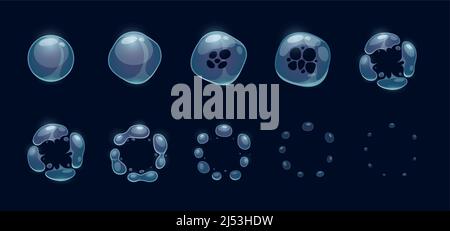 Effet d'éclatement de bulle de savon, explosion de bulle transparente de sprite animée, séquence vectorielle. Jeu de dessin animé éclabousse de savon ou de bulle d'eau exploser animation, boule ou ballon éclatement effet feuille de cadre Illustration de Vecteur