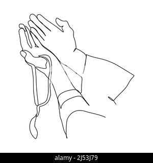 Priing Hands Line dessin de ligne continue. Ouvrez les paumes ensemble ligne simple dessiner illustration vectorielle. Motif de style dessiné à la main pour un thème religieux. Illustration de Vecteur