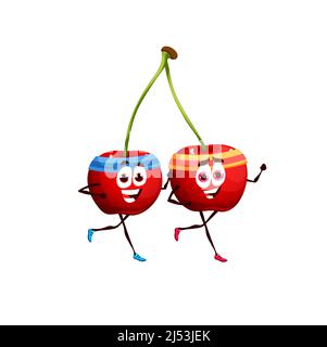 Bandes dessinées cerisiers jumeaux. Les personnages amusants de sportmen de vecteur de baie joints avec des tiges portent un bandeau de tête course ou marathon de course. Sport de jogging mode de vie sain, entraînement sportif Illustration de Vecteur