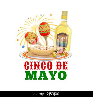 Cinco de Mayo vacances vecteur nourriture et boisson. Bouteille de tequila Fiesta mexicaine, maracas et burrito avec feux d'artifice festifs, fête mexicaine, festival de musique et célébration anniversaire de Puebla Battle Illustration de Vecteur