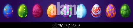 Ensemble d'œufs de dragon de dessin animé, ressources de jeu d'interface utilisateur avec différentes textures. Oeufs de conte de fées de dinosaures, reptiles ou monstres de cristal de glace, pierre et magma éléments de conception isolés, illustration vectorielle Illustration de Vecteur