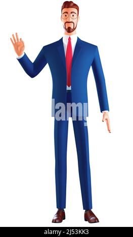 Tout est OK. 3d caractères. Joyeux jeune homme en costume et cravate gestante signe OK et sourire tout en se tenant contre fond blanc. Banque D'Images