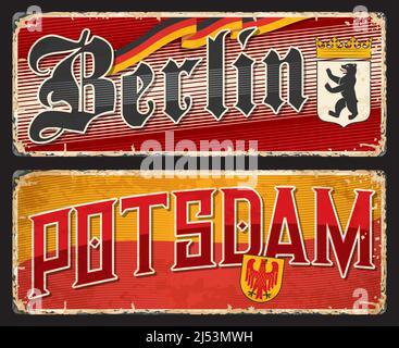 Berlin, Potsdam autocollants et assiettes de voyage de la ville allemande. Lieu de voyage allemand, voyage touristique européen, panneau d'étain ou carte postale de la ville avec drapeau, typographie vintage et villes Coat of Arms Illustration de Vecteur