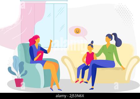 Séance de psychothérapie, la mère et la fille rendent visite à un médecin Illustration de Vecteur