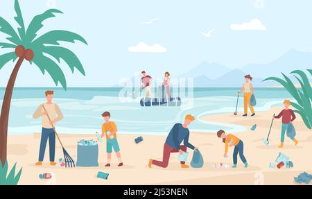 Des bénévoles nettoient la plage, collectent les ordures sur la côte Illustration de Vecteur