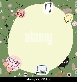 Affiche vierge décorée de symboles technologiques modernes. Cadre vide entouré d'un portable multicolore téléphone mobile représentant la science et Illustration de Vecteur