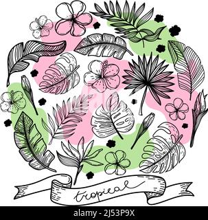 Ensemble de silhouettes d'éléments tropicaux de la fleur de strelitzia tropicale, hibiscus, feuilles de monstre, etc. Arrangement de cercle. Le lettrage tropical est ha Illustration de Vecteur
