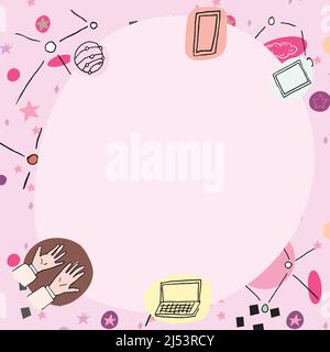 Affiche vierge décorée de symboles technologiques modernes. Cadre vide entouré d'un portable multicolore téléphone mobile représentant la science et Illustration de Vecteur