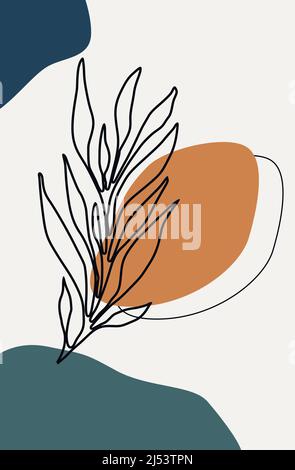 Dessin à la main en ligne continue de feuilles de plantes abstraites sur fond coloré Banque D'Images