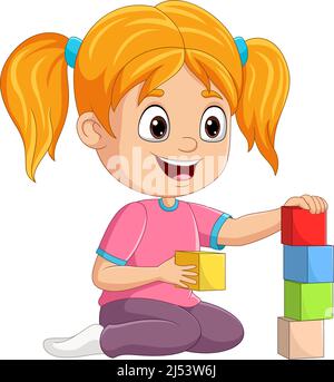 Dessin animé petite fille jouant avec des blocs de construction Illustration de Vecteur