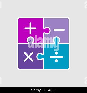 Symbole de casse-tête mathématique. Concept de LA SCIENCE DE LA TIGE. Pièces de puzzle de mathématiques colorées. Signe plus, moins, diviser, multiplier. Modèle de logo comptable. Illustration de Vecteur