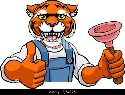 Poussoir de maintien Tiger Plumber Cartoon Mascot Illustration de Vecteur