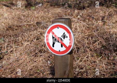 pas de zone de chien: rouge et blanc pas de signe de chien, les animaux ne sont pas autorisés dans cette zone en raison des excréments de chien, de la pollution, le soleil d'automne Banque D'Images