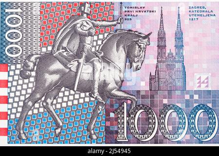 Statue du roi Tomislav et de la cathédrale de Zagreb de l'argent croate - Kuna Banque D'Images
