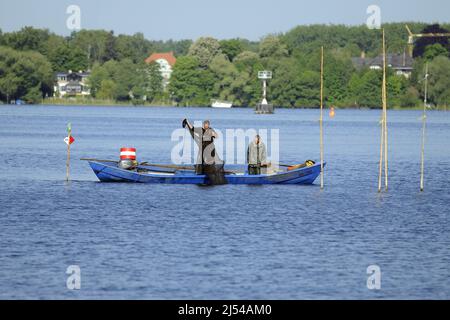 Pêcheurs contrôlant un déversoir sur la Havel, Allemagne, Berlin Banque D'Images