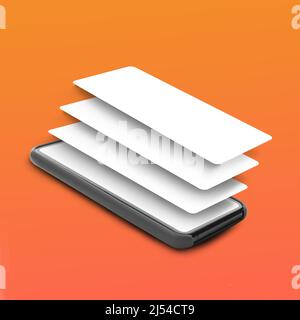 Téléphone mobile avec couches d'écran sur fond orange, carré Banque D'Images