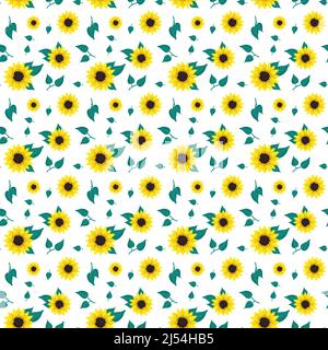 Motif sans couture avec tournesol jaune et feuilles vertes sur fond blanc. Imprimer avec élément de la nature, plante pour la décoration et le design. Illustration vectorielle plate Illustration de Vecteur