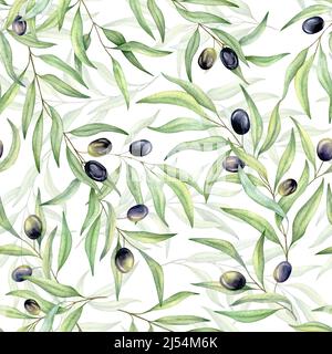 Motif d'olives noires sans coutures aquarelle. Illustration peinte à la main avec des branches d'olive fleurs et des feuilles isolées sur fond blanc Banque D'Images
