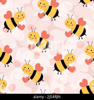 Motif sans couture avec abeilles sur fond floral.Petite guêpe.Illustration vectorielle.Adorable personnage de dessin animé.Modèle pour invitation, cartes Illustration de Vecteur