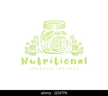 Bocal avec noix et beurre de noix, noix, amandes, arachides et noix de cajou, logo. Nourriture, nature, herbes et nourriture biologique, dessin vectoriel et illustration Illustration de Vecteur