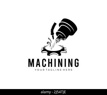 Usinage, machine de fraisage CNC fait un engrenage, conception de logo. Travail des métaux, liquide de refroidissement et lubrification dans l'industrie de la métallurgie des engrenages, conception vectorielle et illustrae Illustration de Vecteur