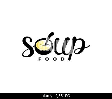 Soupe, bol avec cuillère, soupe de ramen, mot-symbole, lettrage et typographie, logo. Nourriture, repas, restaurant, restauration et cantine, design vectoriel Illustration de Vecteur