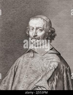 Le Cardinal Jules Raymond Mazarin, 1st duc de Rethel, Mayenne et Nevers, 1602 – 1661, né Giulio Raimondo Mazzarini ou Mazarini. Cardinal, diplomate et politicien italien. Après une gravure de François Stuerhelt à partir d'une peinture de Philippe de Champaigne. Banque D'Images